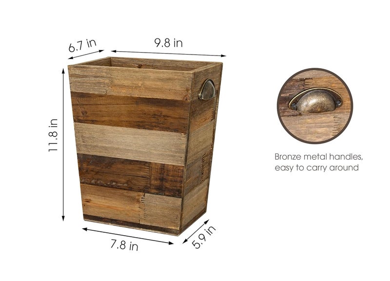 TIMRIS Small Wood Trash Can, Farmhouse Rectangular Garbage Can Waste Basket, Rustic Distressed Reclaimed Wood Wastebasket, Vintage Wooden Trash Recycling Bin Storage Basket with Metal Handles (Natural) - Image 5